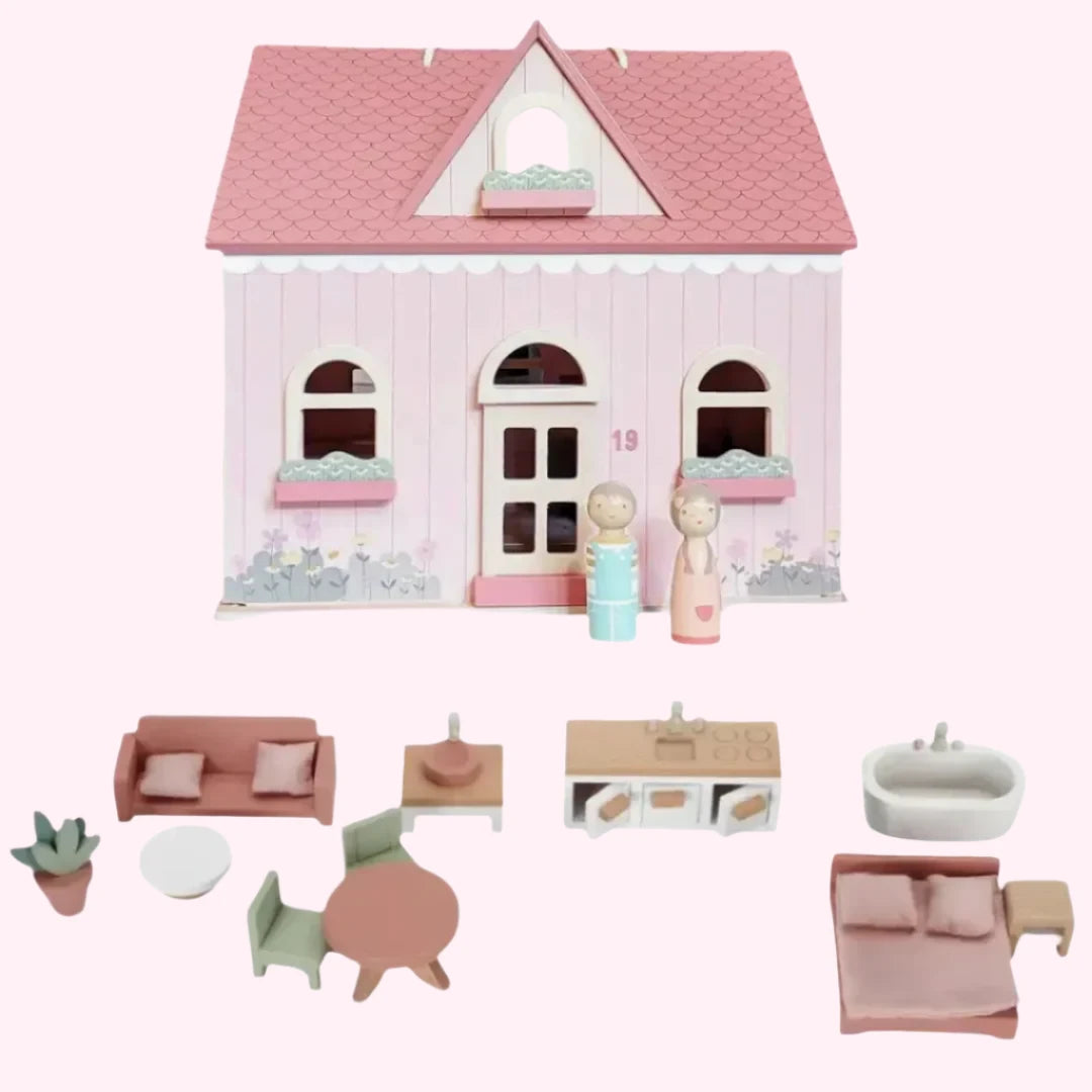 Wooden Portable Dolls House with Furniture